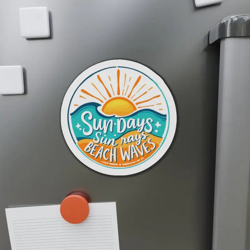 Round beach-themed magnet featuring Sun and Waves design for decorative purposes