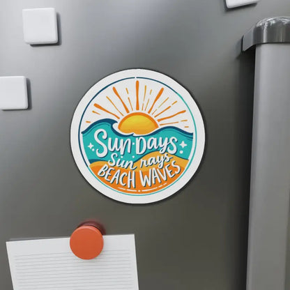 Round beach-themed magnet featuring Sun and Waves design for decorative purposes