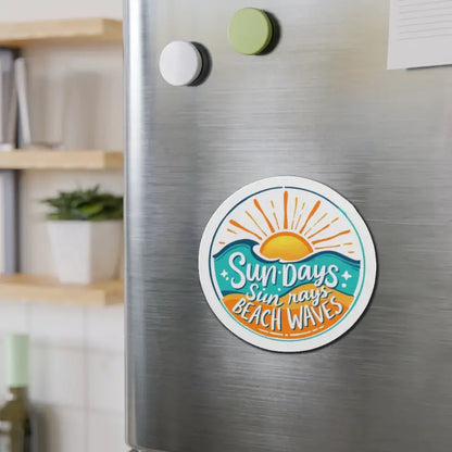 Round beach-themed magnet featuring a sun and waves design on a circular sticker