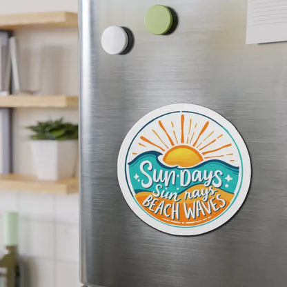 Round beach-themed magnet featuring Sun and Waves design for decorative purposes