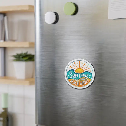 Round beach-themed magnet featuring Sun and Waves design for decorative use