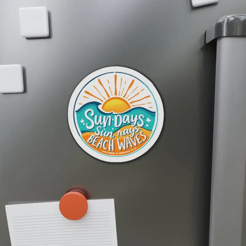 Round beach-themed magnet with sun and waves design for coastal decor