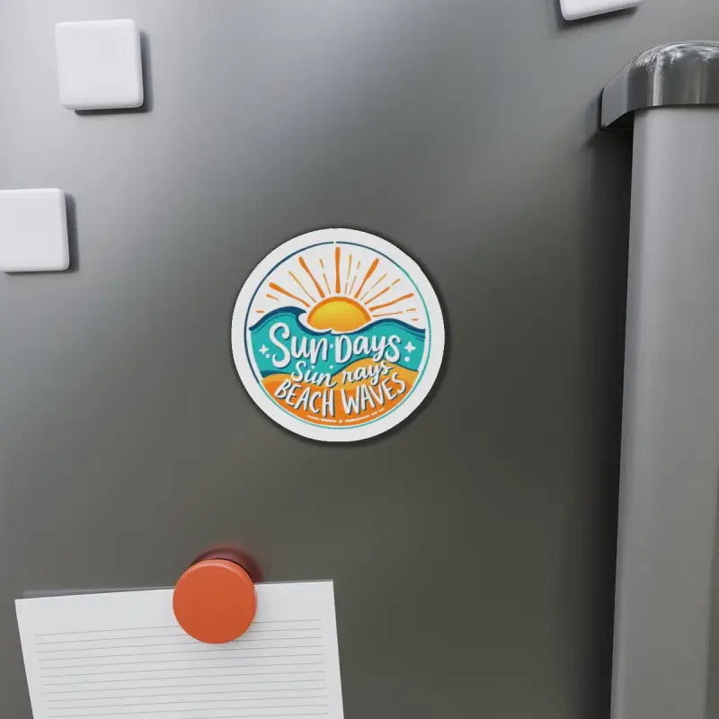 Round magnet with beach theme featuring Sun and Waves on Circular Beach Sticker