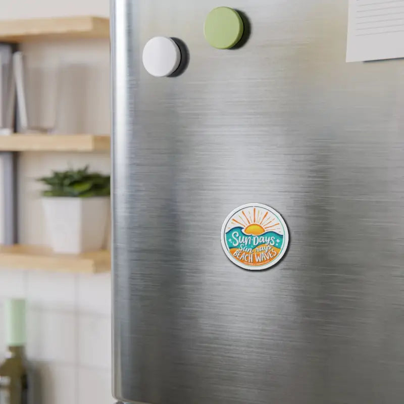 Round beach-themed magnet featuring a sun and ocean waves for decorative use