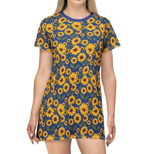 Sunflower Pattern Blue T Shirt Dress - Ocean State Styles
