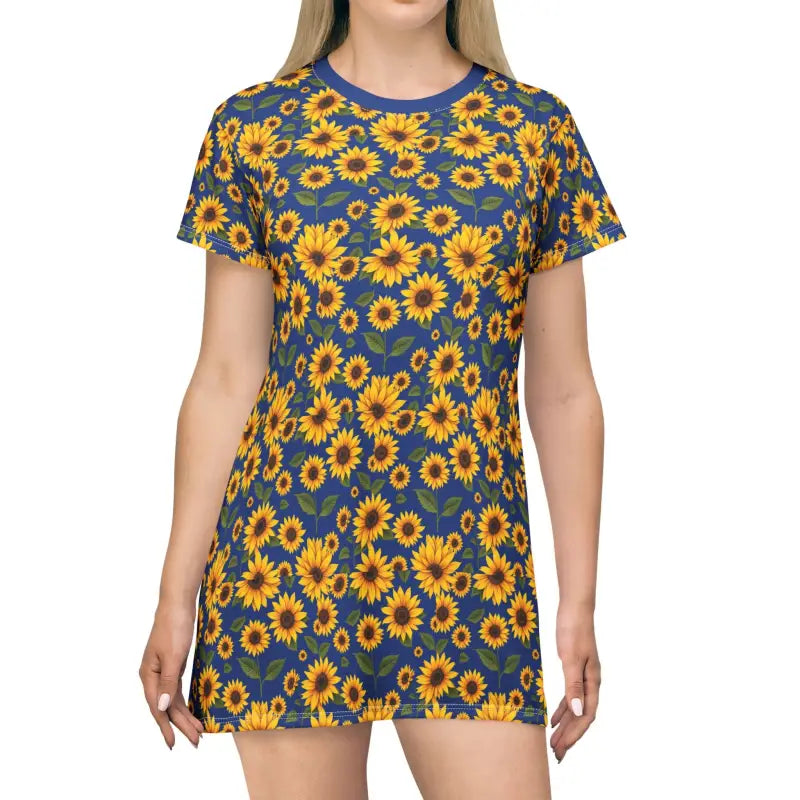 Sunflower Pattern Blue T Shirt Dress - Ocean State Styles