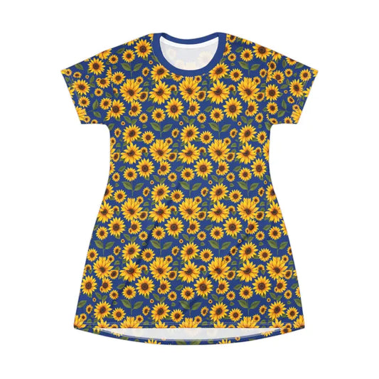 Sunflower Pattern Blue T Shirt Dress - Ocean State Styles