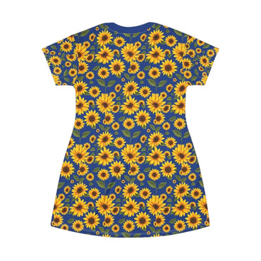 Blue sunflower print dress for summer, perfect for bright and cheerful occasions