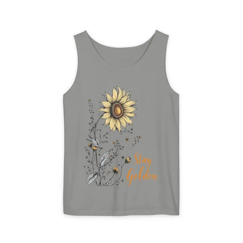 Gray tank top featuring sunflower design from Sunflower Tank Tops collection