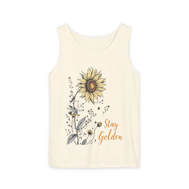 Cream-colored tank top with sunflower design from Sunflower Tank Tops in White Cream and Teal