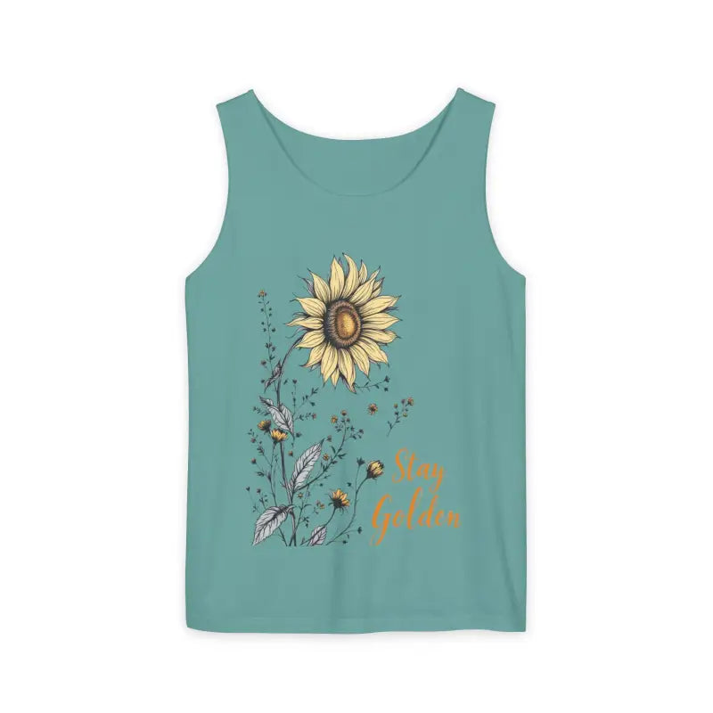 Teal tank top featuring a sunflower design from Sunflower Tank Tops collection