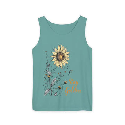 Teal tank top featuring a sunflower design from Sunflower Tank Tops collection