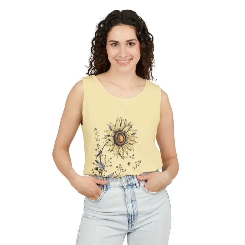Woman wearing a sunflower tank top from the Sunflower Tank Tops collection in White Cream and Teal