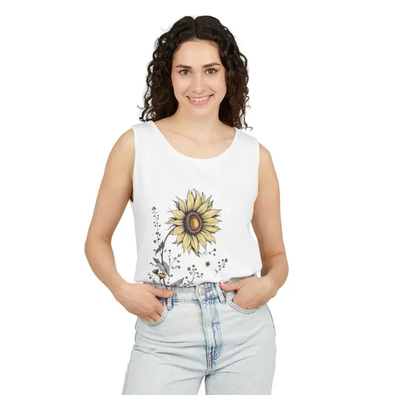 Woman wearing a sunflower tank top from the Sunflower Tank Tops in White Cream and Teal collection