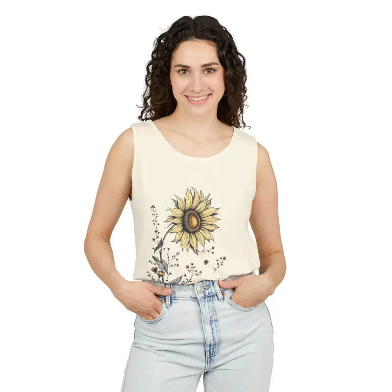 Woman wearing a sunflower tank top from Sunflower Tank Tops in White Cream and Teal collection