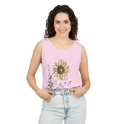 Woman wearing a pink sunflower tank top from Sunflower Tank Tops collection