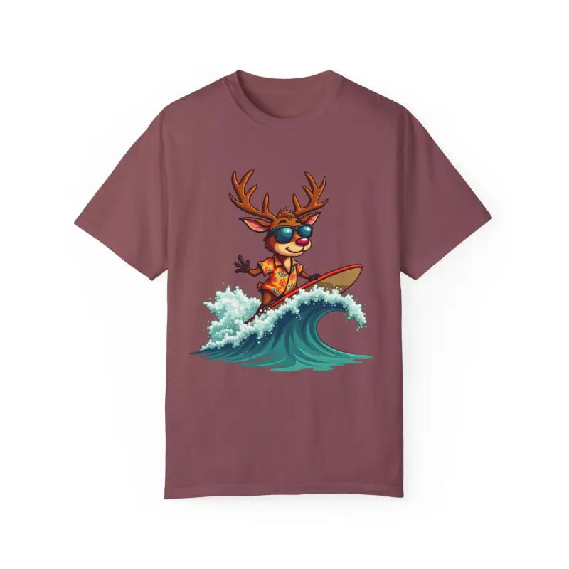 Maroon t-shirt featuring a surfing reindeer graphic from the Surfing Reindeer T Shirt collection