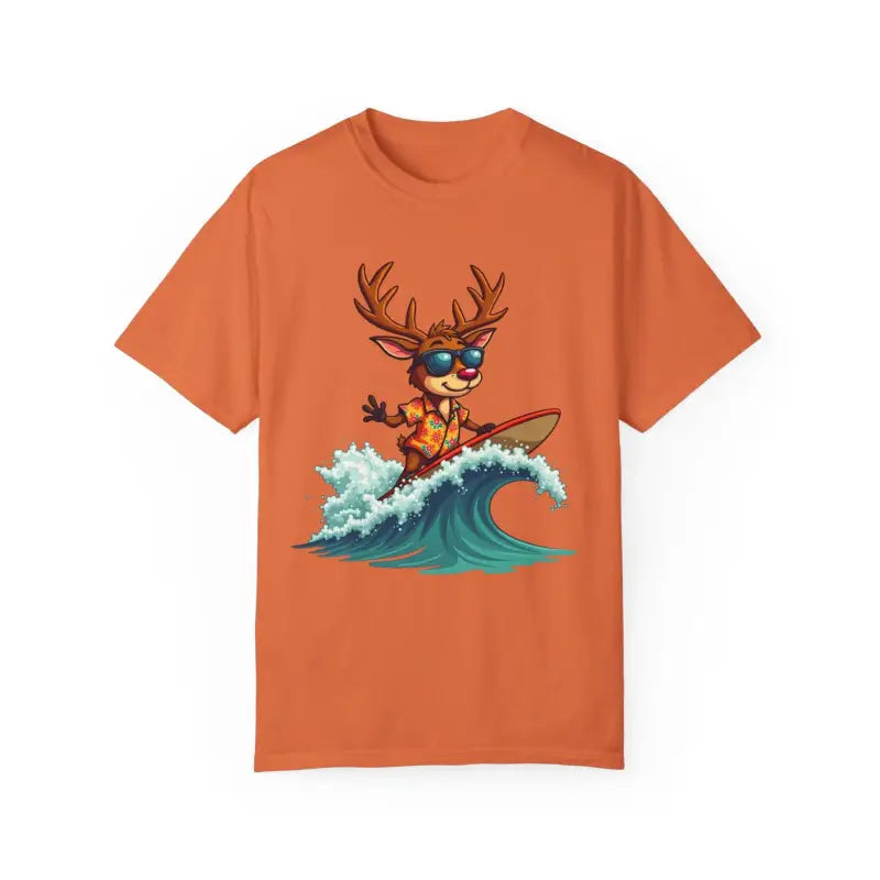 Orange T-shirt featuring a surfing reindeer graphic from the Surfing Reindeer collection