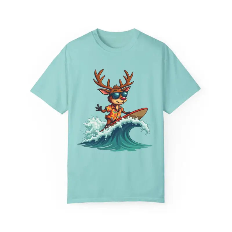 Light blue Surfing Reindeer T Shirt featuring a festive surfing reindeer graphic