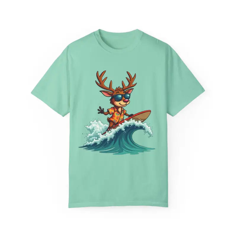 Mint green Surfing Reindeer T Shirt featuring a surfing reindeer graphic design