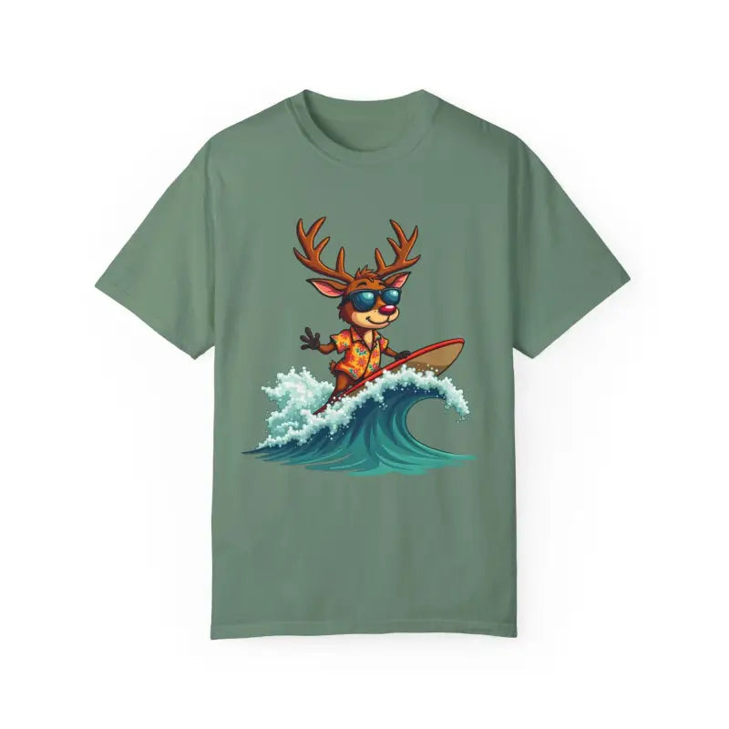 Green Surfing Reindeer T Shirt featuring a playful surfing reindeer graphic