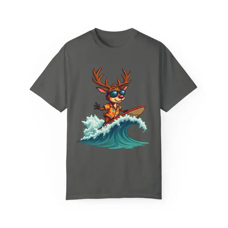 Gray Surfing Reindeer T Shirt featuring a whimsical surfing reindeer graphic