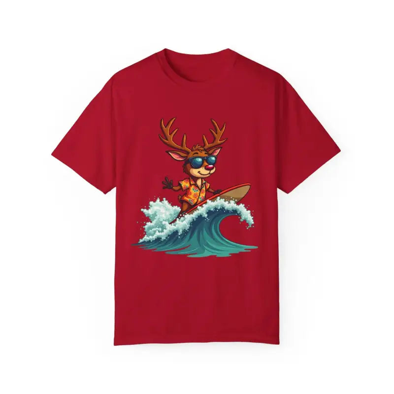 Red Surfing Reindeer T Shirt featuring a playful surfing reindeer graphic design