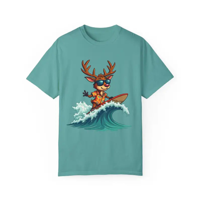 Teal Surfing Reindeer T Shirt featuring a vibrant surfing reindeer graphic design