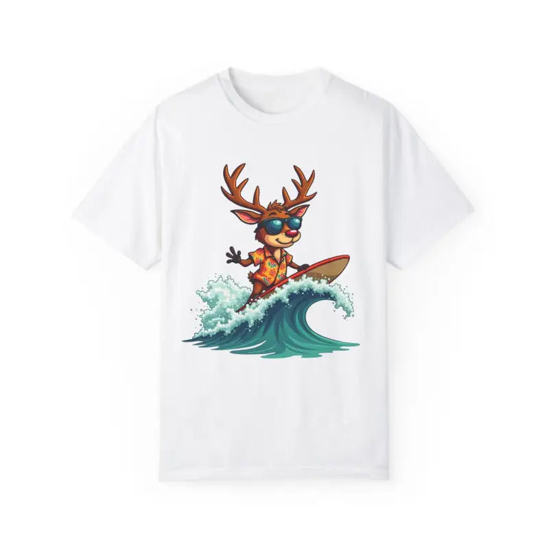 White Surfing Reindeer T Shirt featuring a unique surfing reindeer design