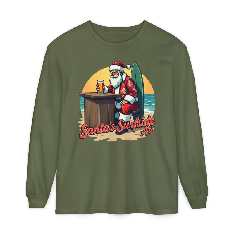 Olive green long-sleeved Surfside Santa shirt featuring Santa drinking beer at the beach