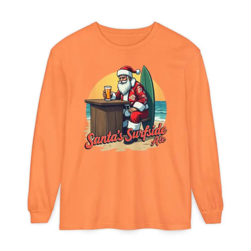 Orange long-sleeved Surfside Santa shirt featuring festive Santa design