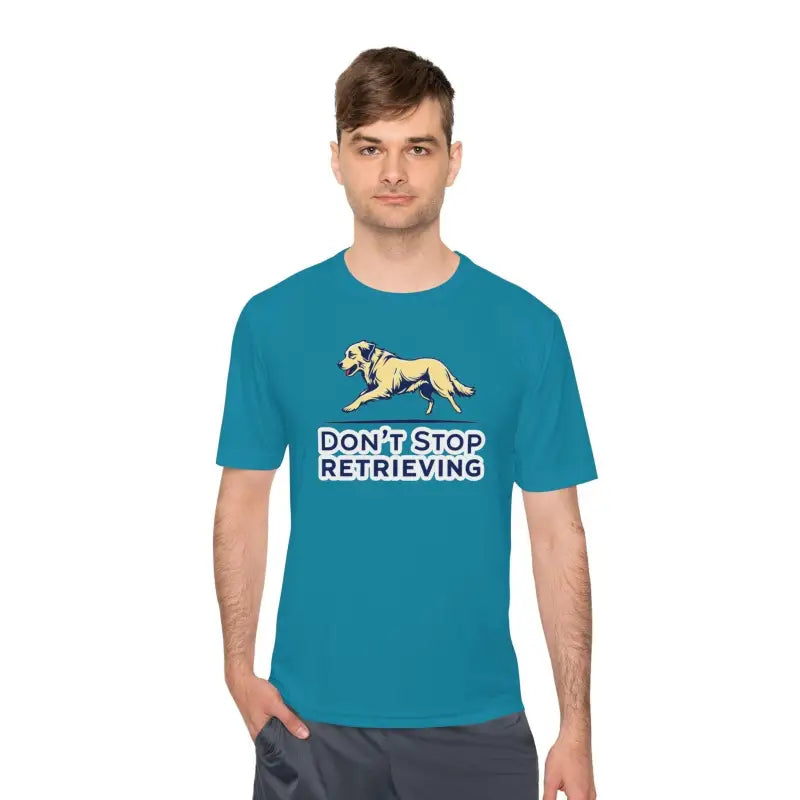 Man wearing a teal t-shirt showcasing the Teal Moisture Wicking Dog Lovers T Shirt