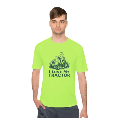 Man in bright green I Love My Tractor t-shirt from Tractor Graphic T Shirts collection