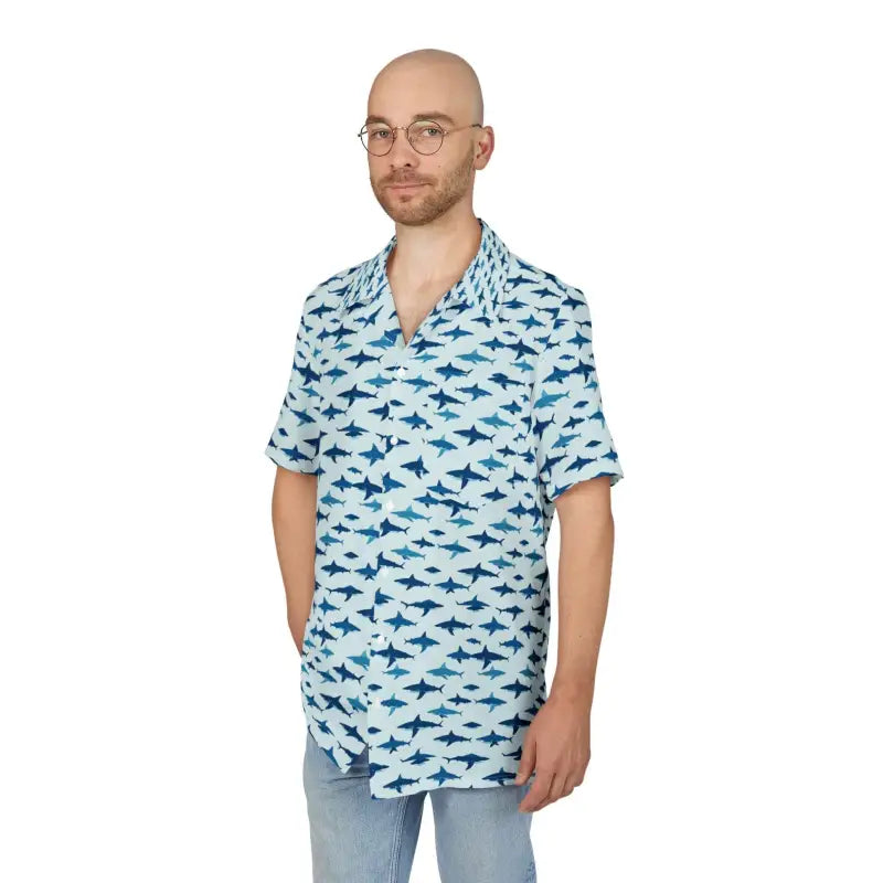 Man wearing Tropical Shark Print Unisex Hawaiian Button Down Shirt with vibrant design