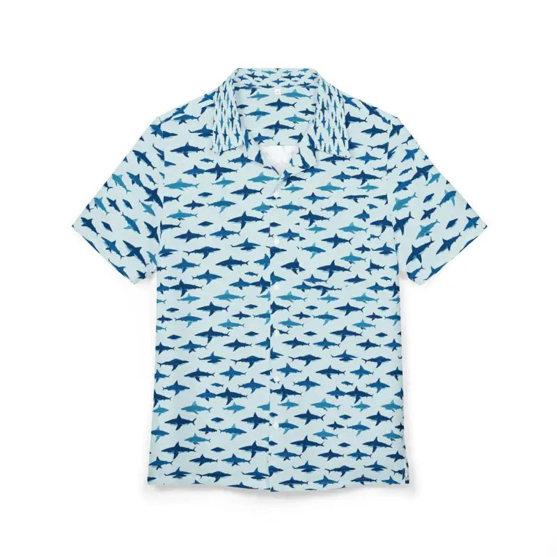 Short-sleeved button-down shirt featuring a tropical shark pattern for men and women