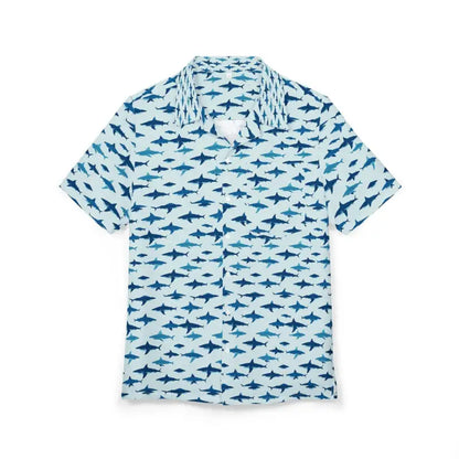 Short-sleeved button-down shirt featuring a tropical shark pattern for men and women