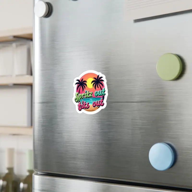 Beach-themed refrigerator magnet featuring Tropical Sunset Neon Vinyl Sticker design