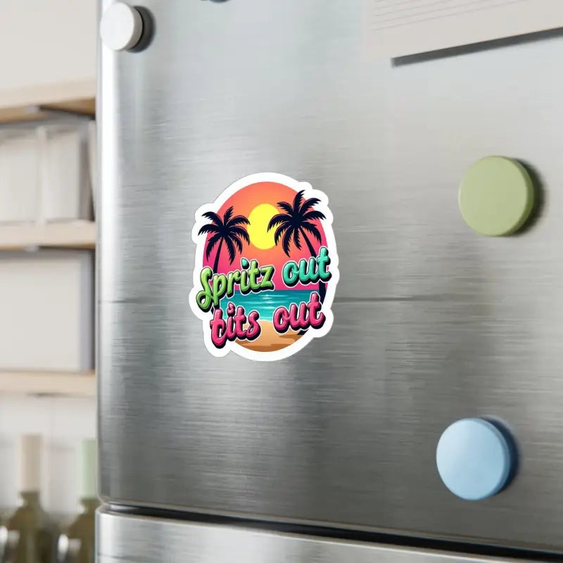 Fridge magnet featuring a vibrant tropical beach design for Tropical Sunset Neon Vinyl Sticker