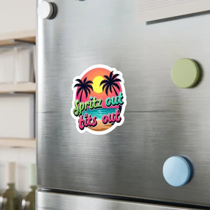 Fridge magnet featuring a vibrant tropical beach design for Tropical Sunset Neon Vinyl Sticker