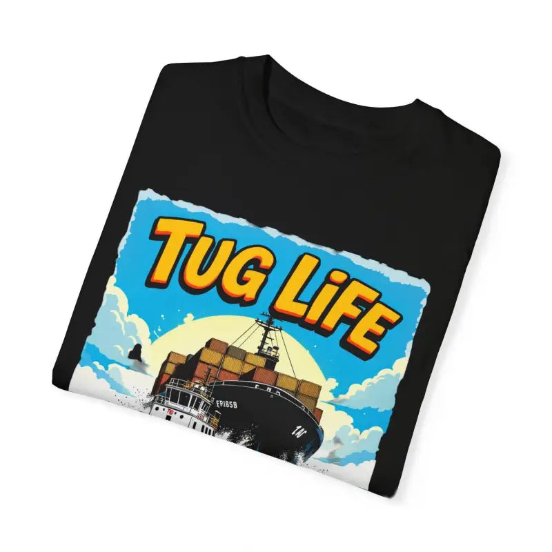 Black Tug Life T-Shirt featuring a graphic for Marine Enthusiasts and Boat Lovers