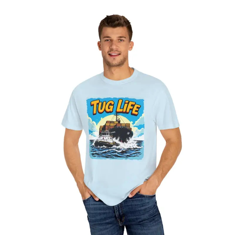 Light blue Tug Life T-shirt for Marine Enthusiasts and Boat Lovers displayed