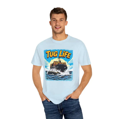 Light blue Tug Life T-shirt for Marine Enthusiasts and Boat Lovers displayed