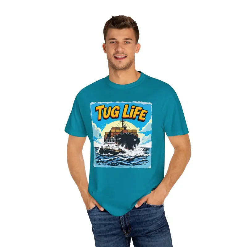 Teal Tug Life graphic tee for marine enthusiasts and boat lovers