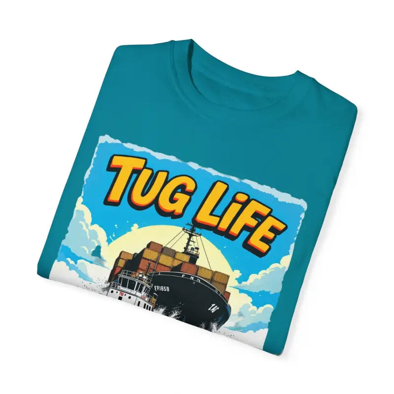 Teal Tug Life T Shirt featuring a graphic for Marine Enthusiasts and Boat Lovers