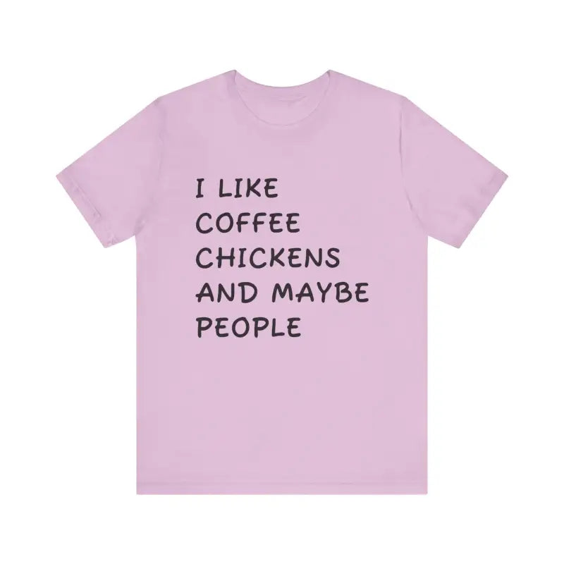 Lilac Unisex Funny Coffee and Chickens Tee displayed among various colors options