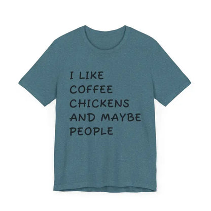 Unisex Funny Coffee and Chickens Tee in blue color displayed for online shopping