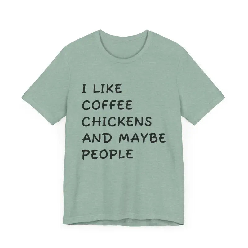 Light green Unisex Funny Coffee and Chickens Tee displayed among various colors