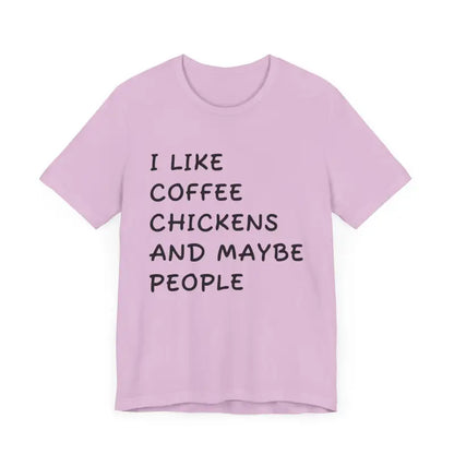 Lilac Unisex Funny Coffee and Chickens Tee displayed among various color options