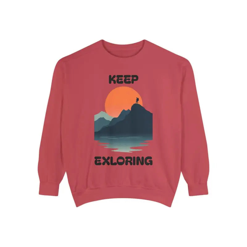 Red Unisex Garment Dyed Mountain Graphic Sweatshirt featuring a vibrant mountain design