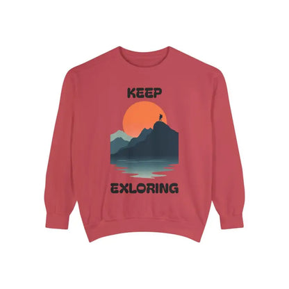Red Unisex Garment Dyed Mountain Graphic Sweatshirt featuring a vibrant mountain design
